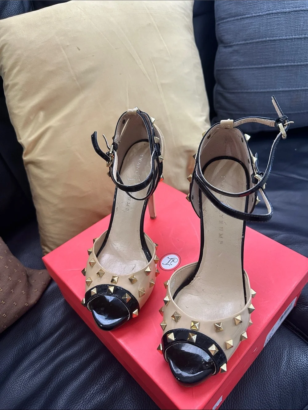 Studded Two-Tone Ankle Strap Peep-Toe Heels - Beige/Black